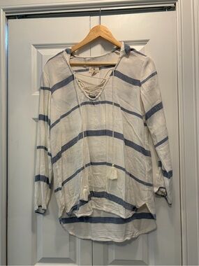Billabong Blue & White Striped Lace-Up Swim Coverup with hood